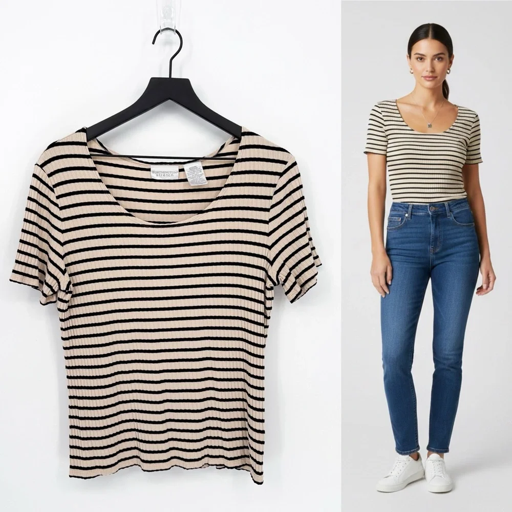 Vintage Worthington Neutral Stripe Minimalist Ribbed Top Medium